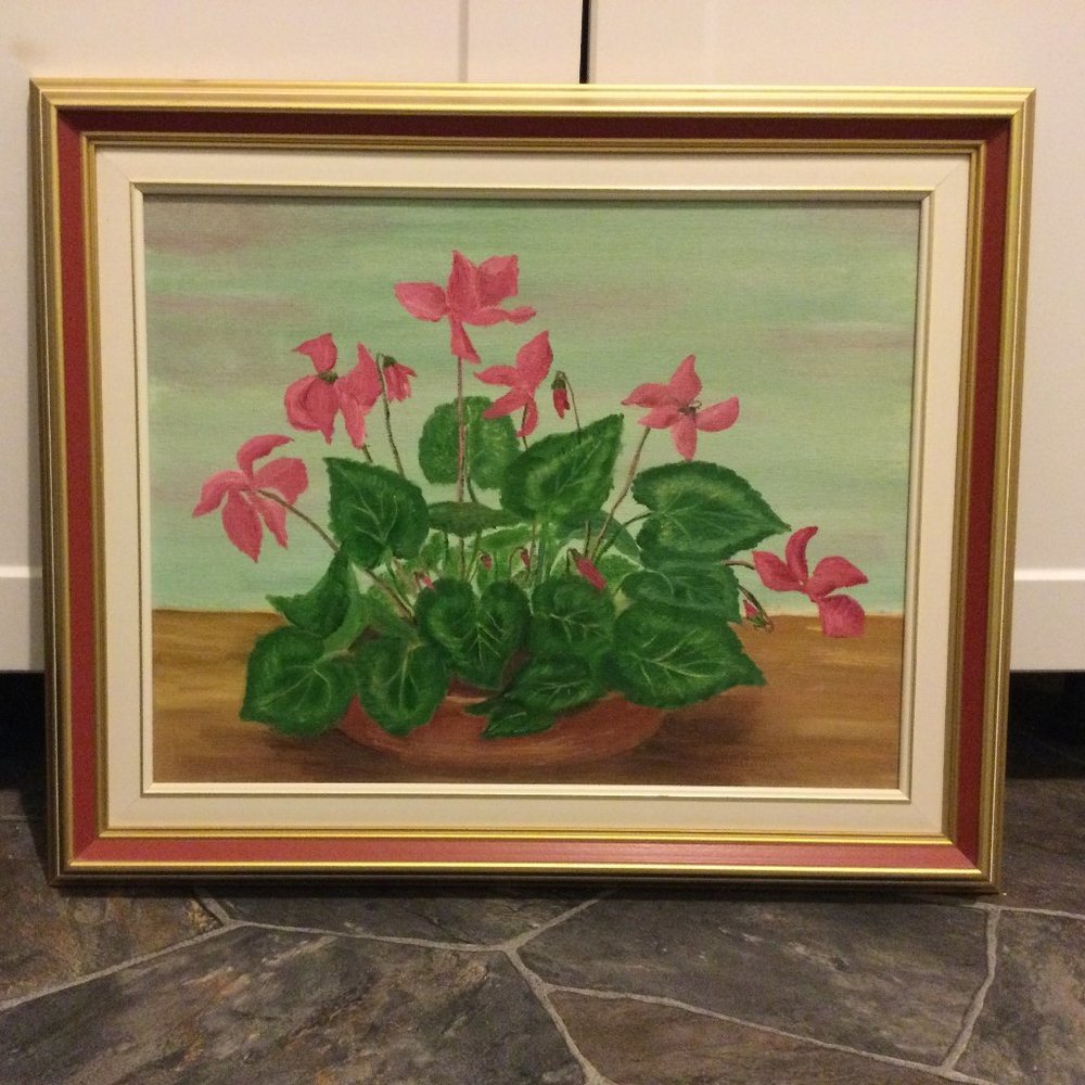 Art painting pink Cyclamen flowers wooden frame very good condition 22" x 18"